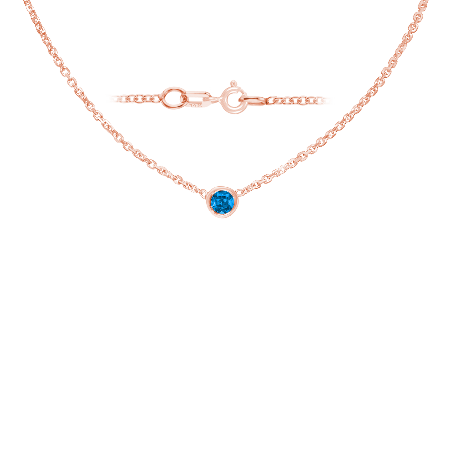 Gemstone Round Bezel Charm in 14K Rose Gold Cable Necklace