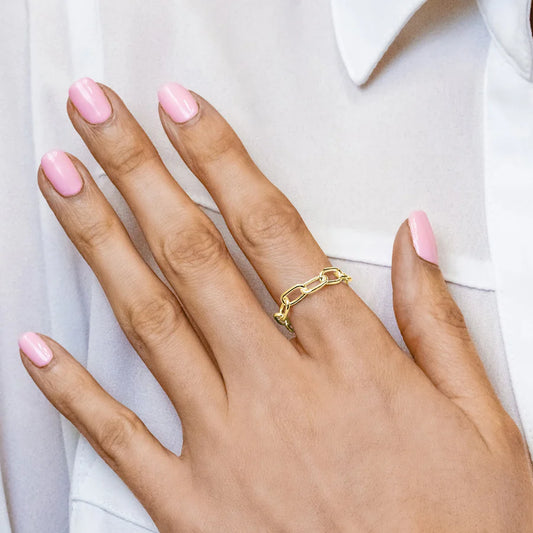 Elongated Semi-Solid Cable Chain Ring 14K Yellow Gold