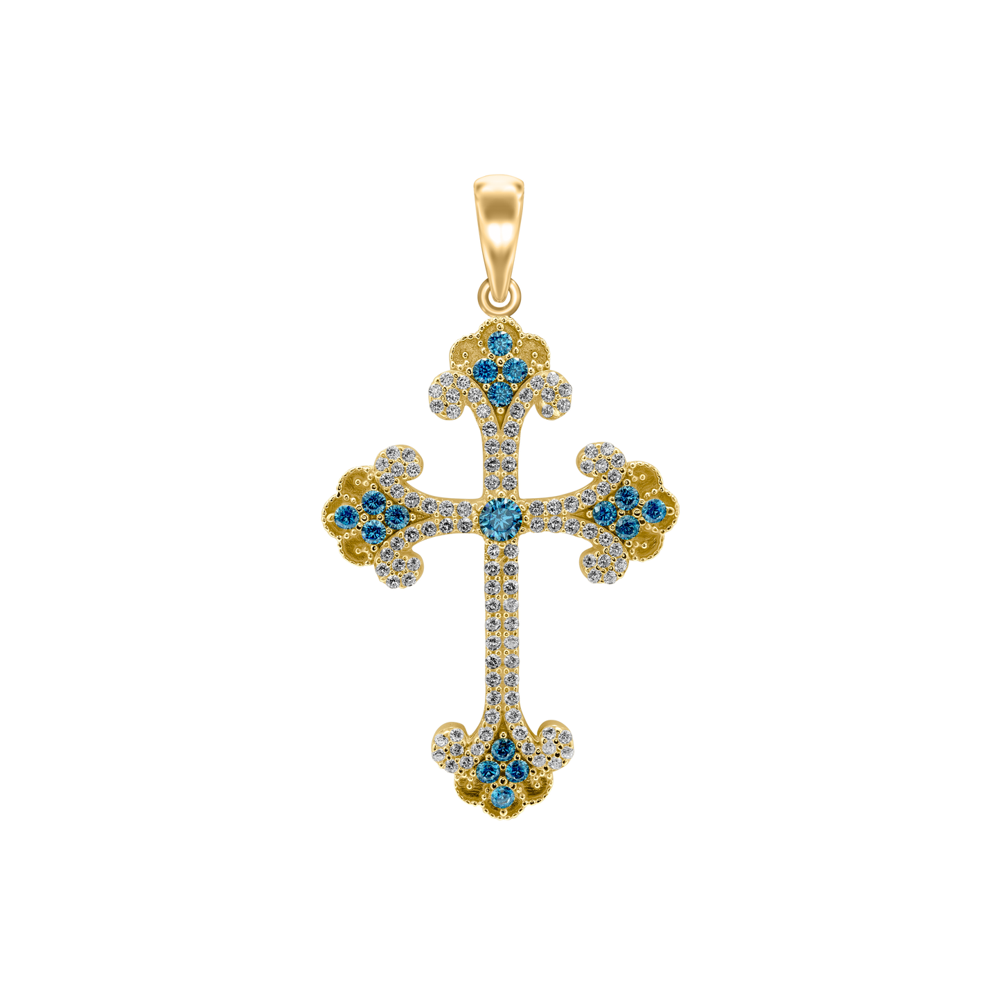 Budded Cross Pendant with Light Blue Cubic Zirconia in Sterling Silver