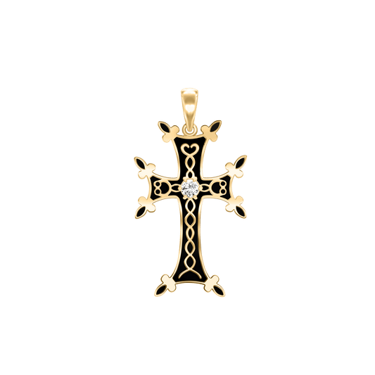 Armenian Cross Pendant with Cubic Zirconia and Black Enamel in Sterling Silver