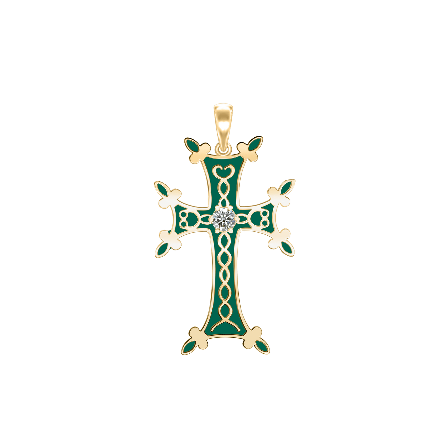 Armenian Cross Pendant with Cubic Zirconia and Green Enamel in 18K Yellow Gold