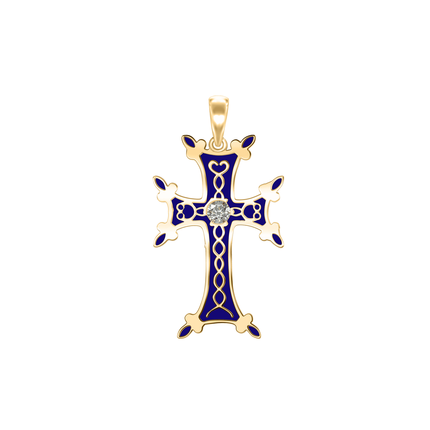 Armenian Cross Pendant with Cubic Zirconia and Dark Blue Enamel in Sterling Silver
