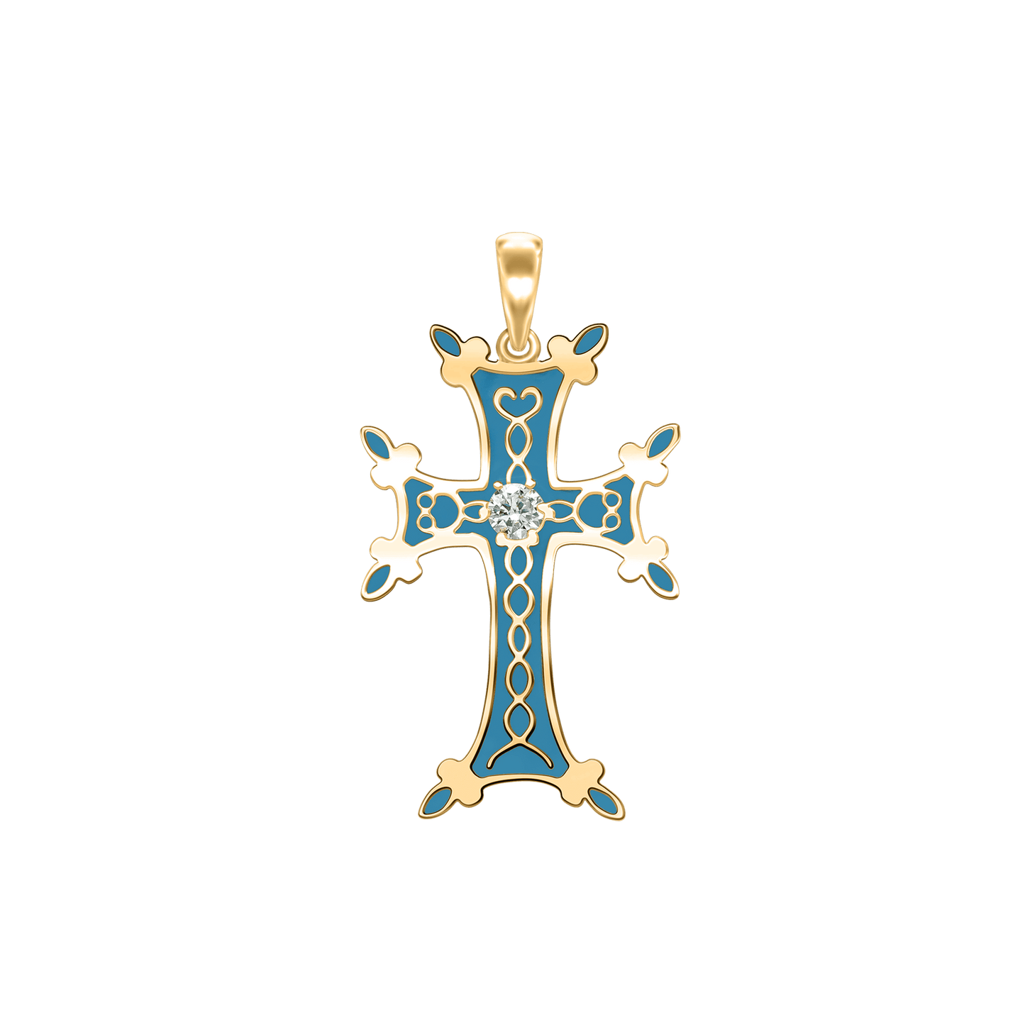 Armenian Cross Pendant with Cubic Zirconia and Light Blue Enamel in 18K Yellow Gold