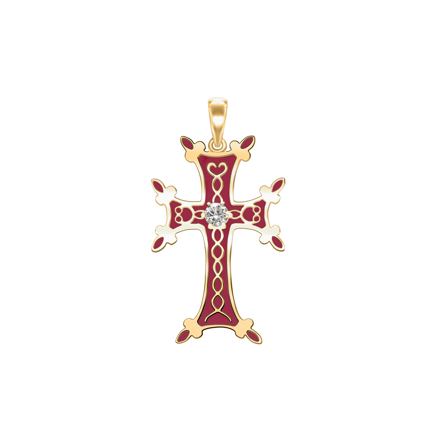 Armenisches Kreuz-Anhänger mit Zirkonia und roter Emaille in 18 Karat Gelbgold