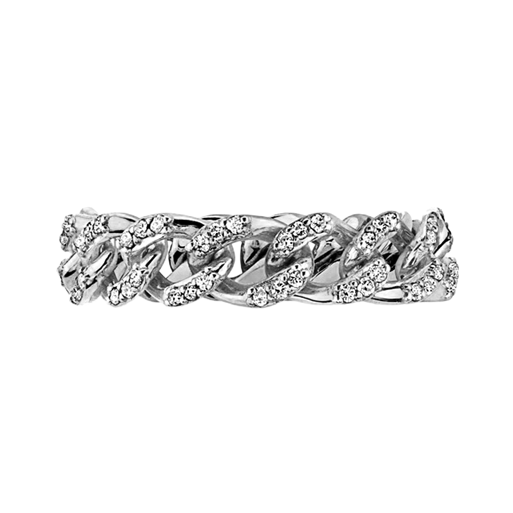 Classic Curb Chain Ring with Pave Set Natural Diamonds - 14K White Gold