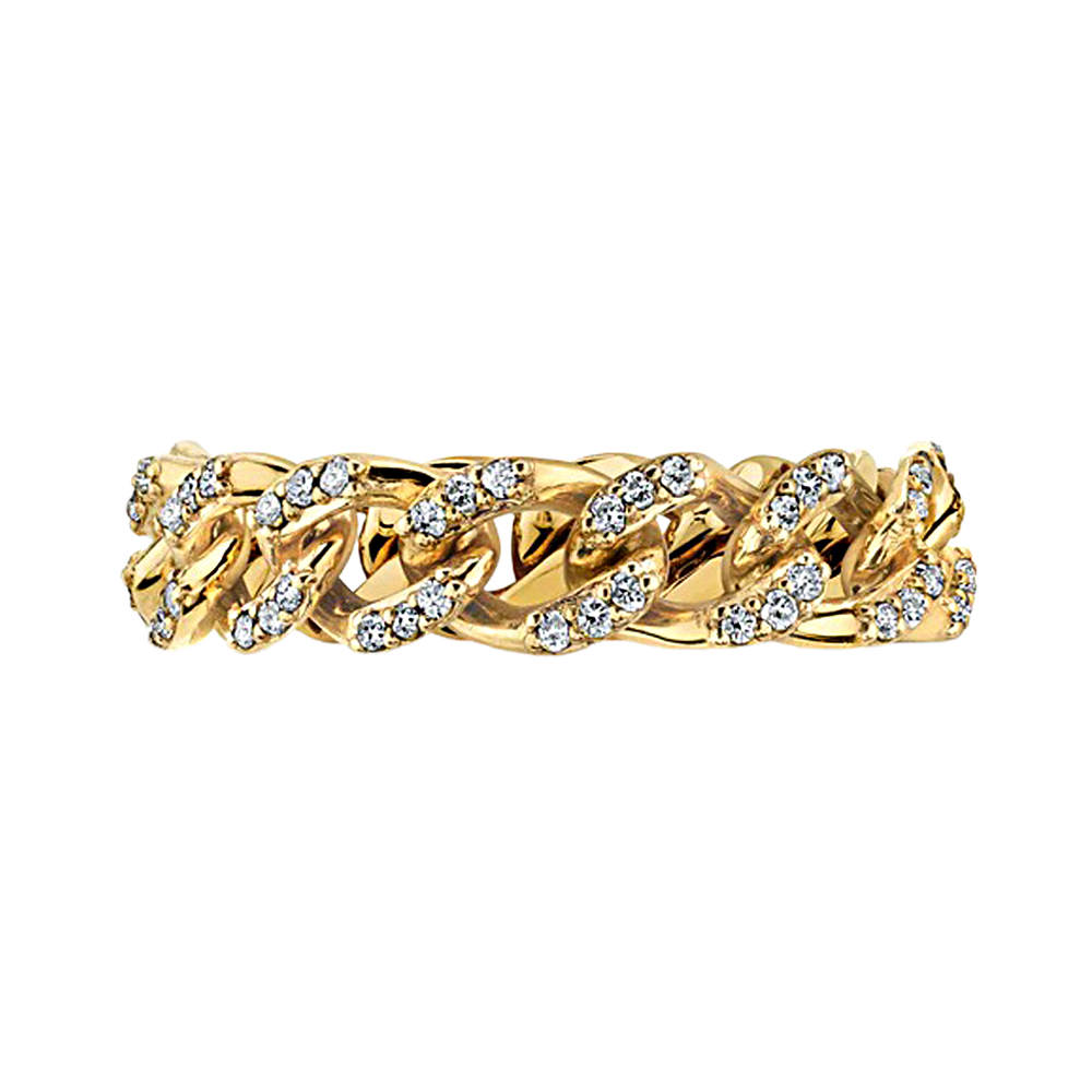 Classic Curb Chain Ring with Pave Set Natural Diamonds - 14K Yellow Gold