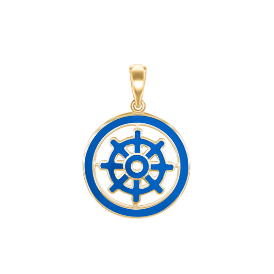 Buddhistischer Dharma-Rad-Anhänger mit blauer Emaille aus Sterlingsilber