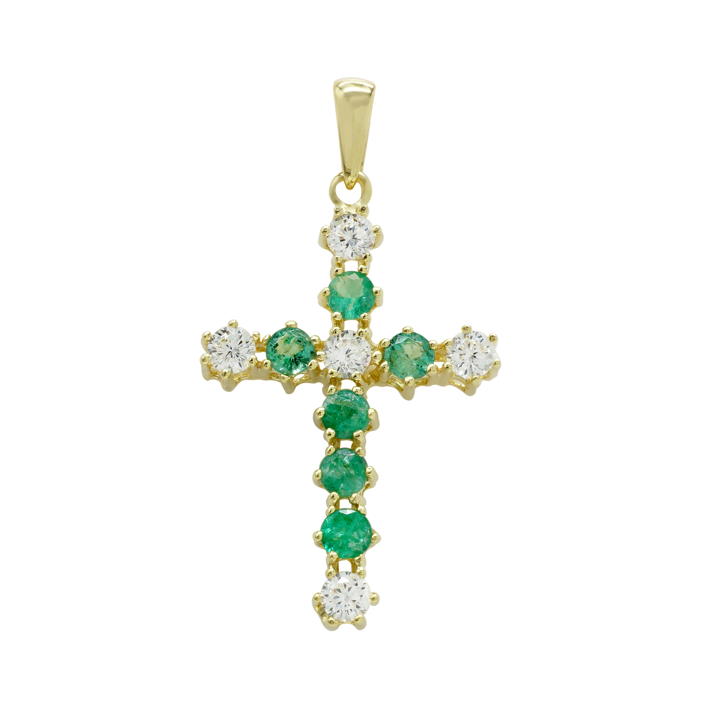 Moderner Kreuzanhänger mit Diamanten und Smaragden in 14-karätigem Gelbgold