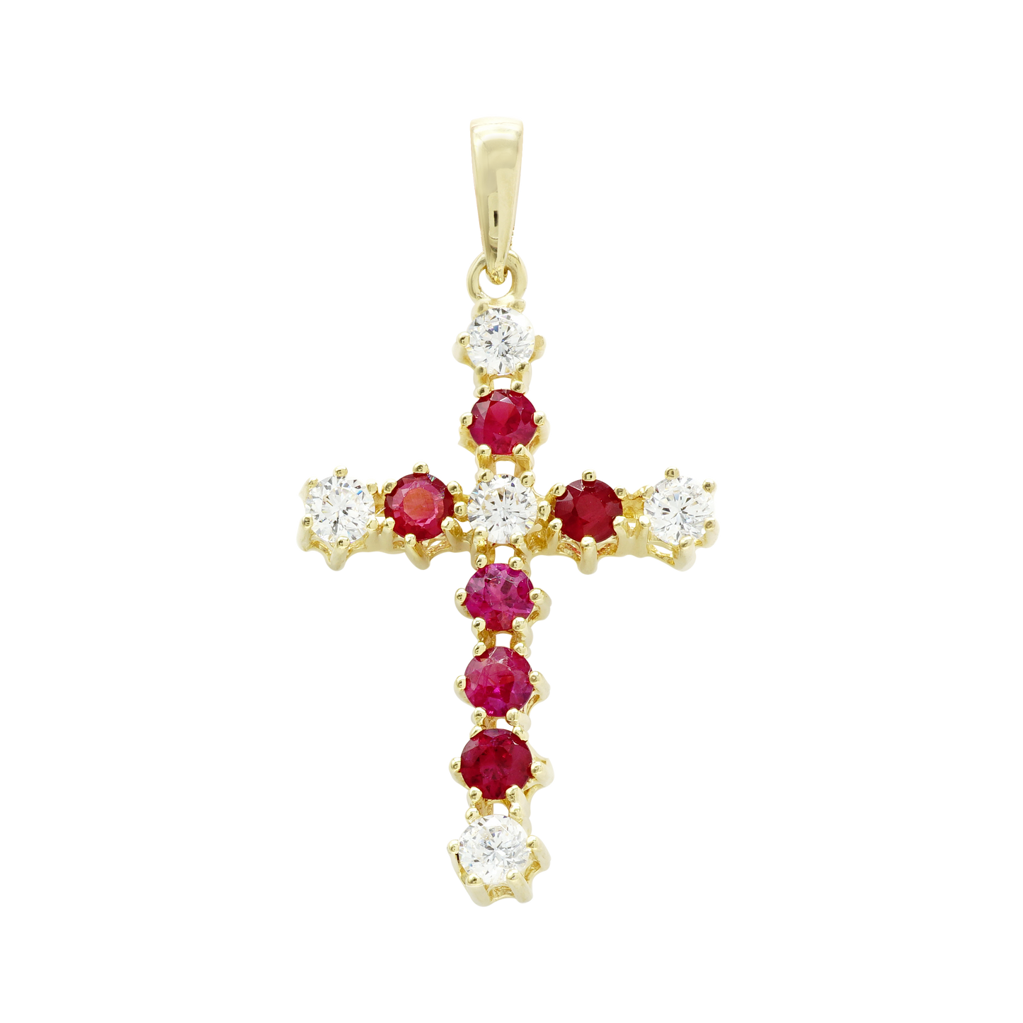 Contemporary Cross Pendant with Diamonds and Ruby Stones in 14K Yellow Gold