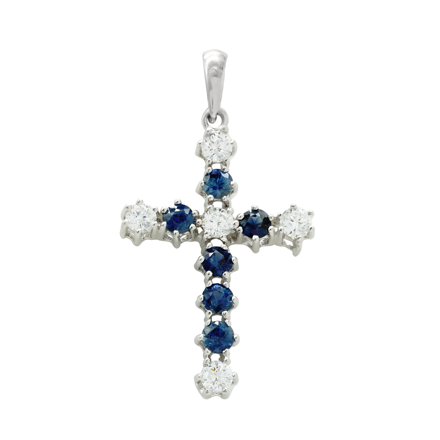Contemporary Cross Pendant with Diamonds and Sapphire Stones in 14K White Gold