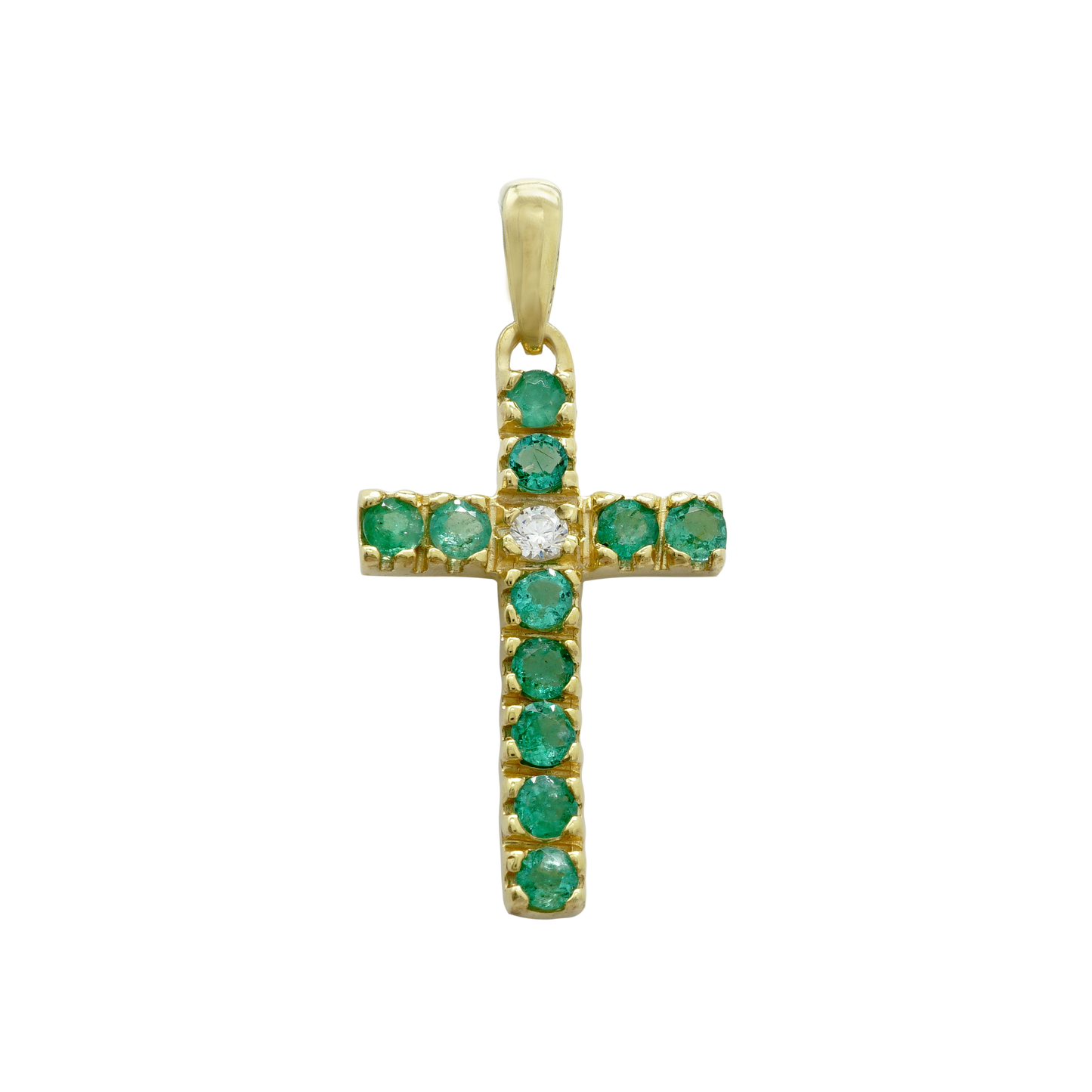 Klassischer Kreuzanhänger mit Diamanten und Smaragden in 14-karätigem Gelbgold
