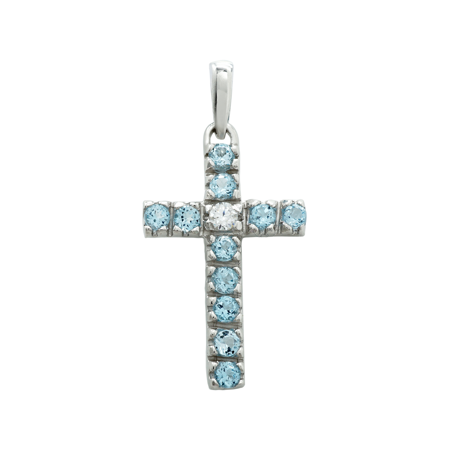 Klassischer Kreuzanhänger mit Diamanten und blauen Topasen in 14-karätigem Weißgold
