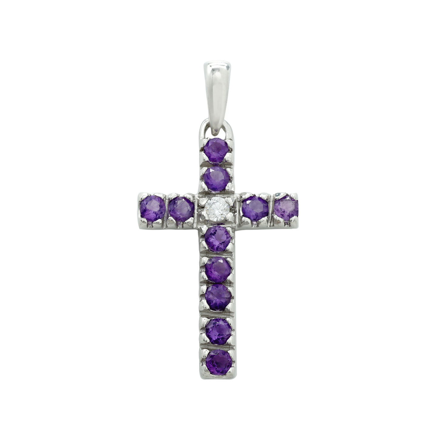 Klassischer Kreuzanhänger mit Diamanten und Amethysten in 14-karätigem Weißgold