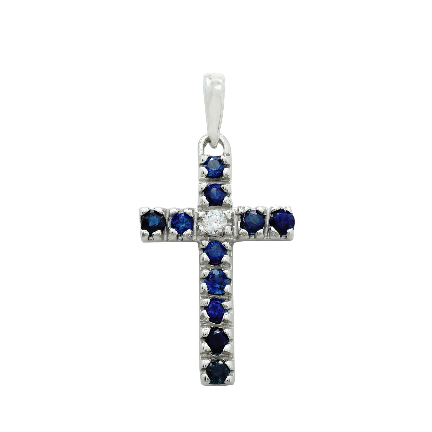 Klassischer Kreuzanhänger mit Diamanten und Saphiren in 14-karätigem Weißgold