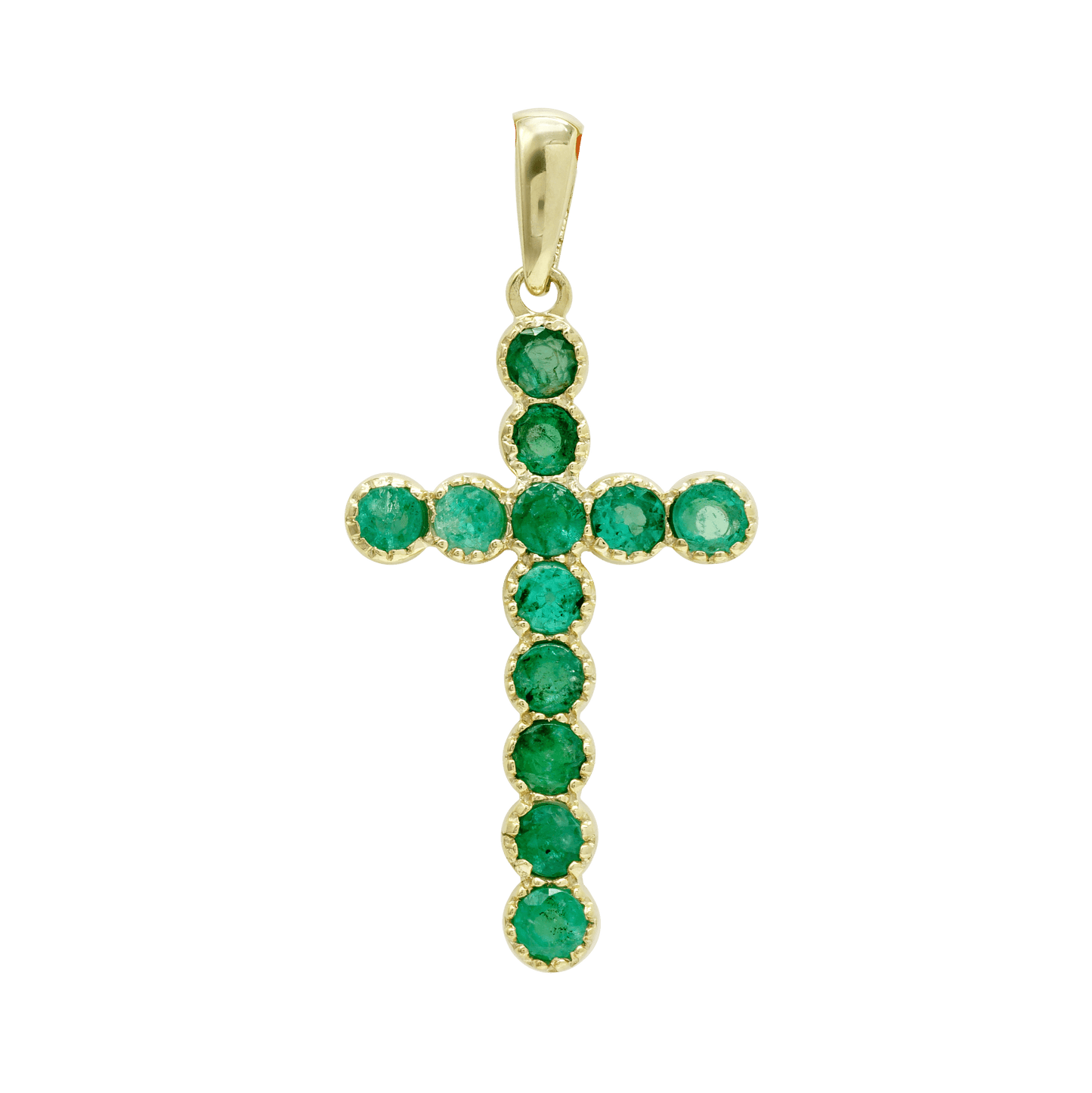 Klassischer Kreuzanhänger mit Smaragden in 14-karätigem Gelbgold, gefasst in einer Lünette