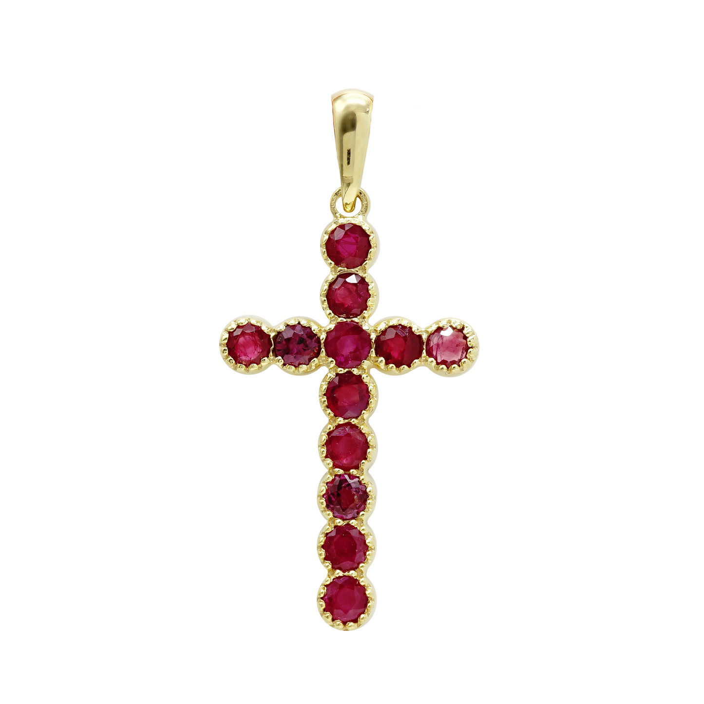 Klassischer Kreuzanhänger mit Rubinen in 14-karätigem Gelbgold, gefasst in einer Lünette