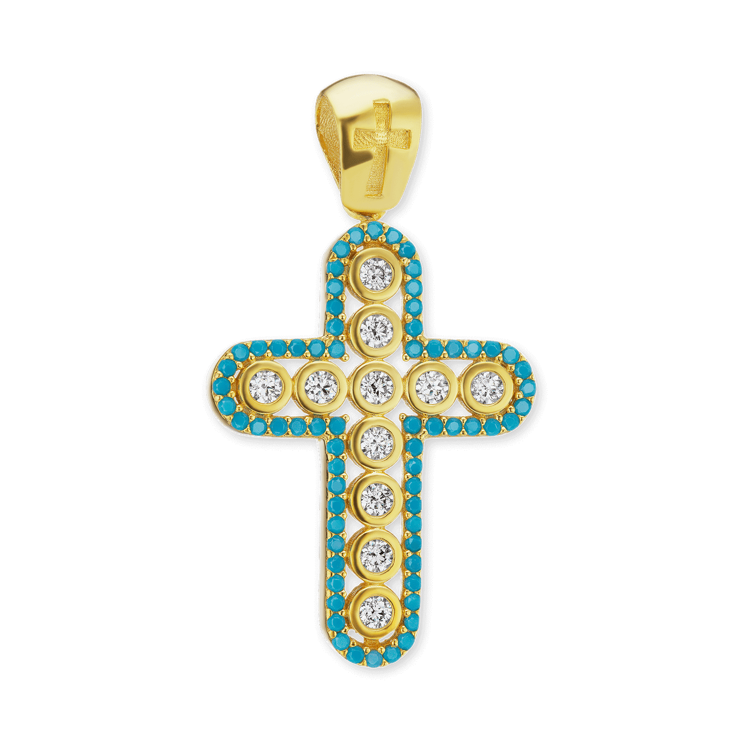 Classic Cross Pendant with Light Blue Cubic Zirconia in 18K Yellow Gold