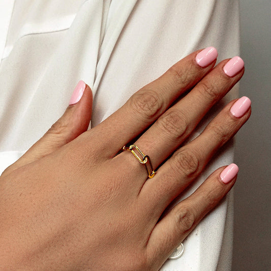 Paperclip Cable Chain Ring in Sterling Silver 18K Yellow Gold Finish