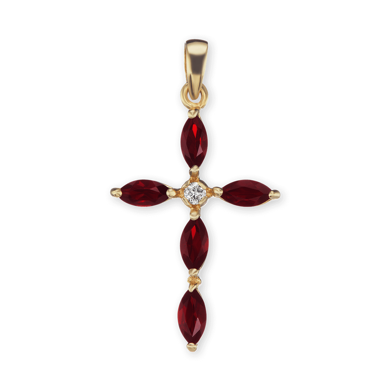 Marquise-Kreuz-Anhänger mit rotem Zirkonia in 18 Karat Gelbgold