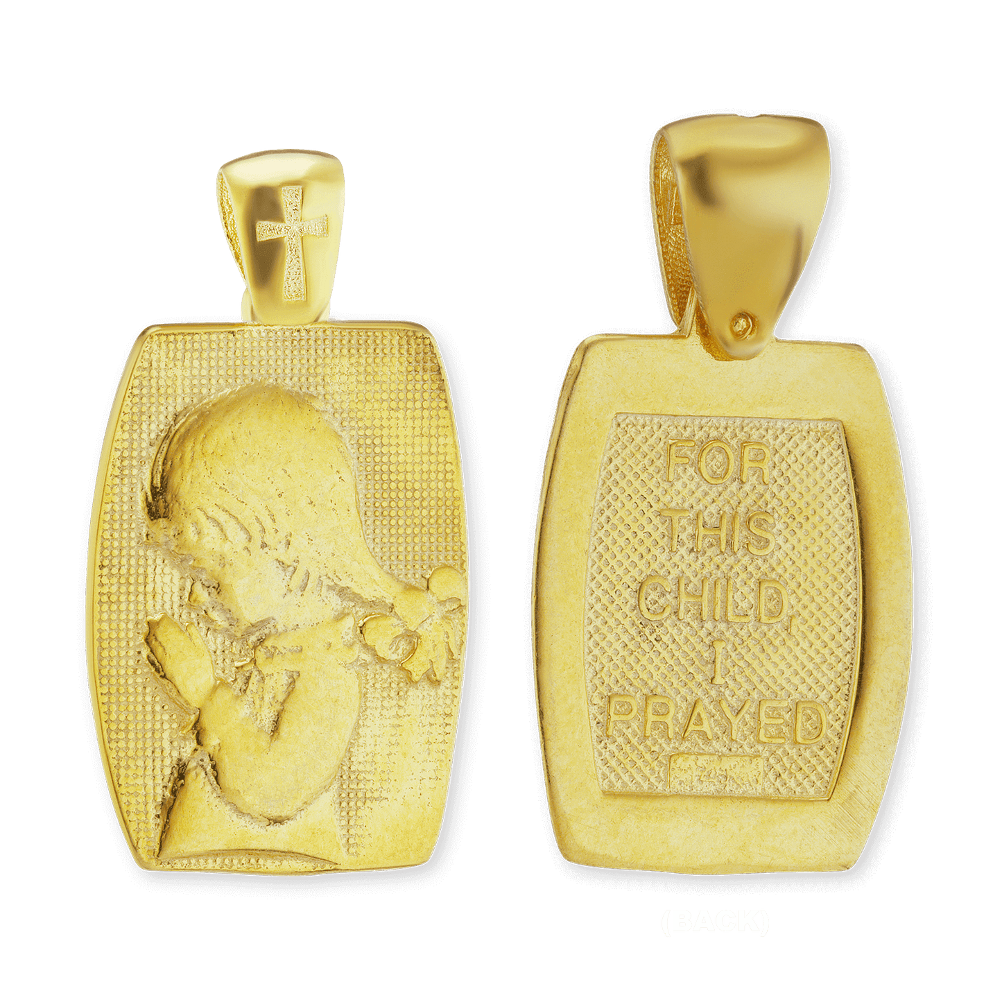 Doppelseitiger Anhänger „Betendes Kind“ aus Sterlingsilber, veredelt mit 14-karätigem Gelbgold.