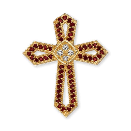 Passionskreuz-Anhänger mit rotem Zirkonia in 18-karätigem Gelbgold