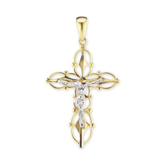 Zweifarbiger filigraner Kruzifix-Anhänger mit Perlenverzierung aus 14-karätigem Gelbgold