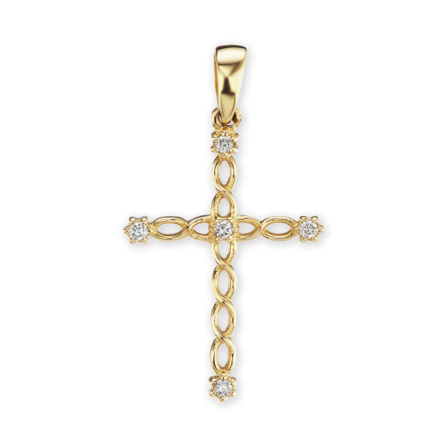 Gedrehter Filigran-Kreuzanhänger mit Diamanten in 14-karätigem Gelbgold