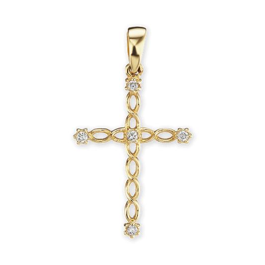 Gedrehter Filigran-Kreuzanhänger mit Diamanten in 14-karätigem Gelbgold