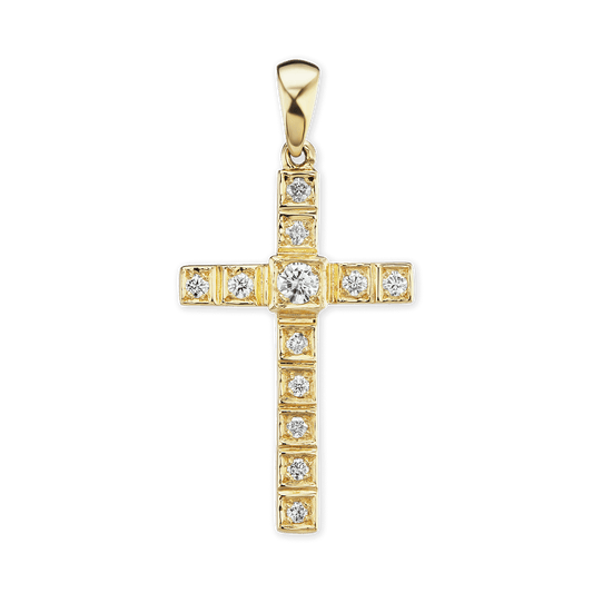 Klassischer Kreuzanhänger mit Diamanten in 14-karätigem Gelbgold