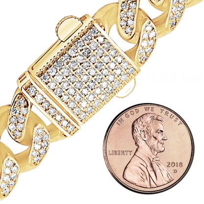 Handgefertigtes, halbmassives kubanisches Panzerarmband mit Diamanten in 14-karätigem Gelbgold