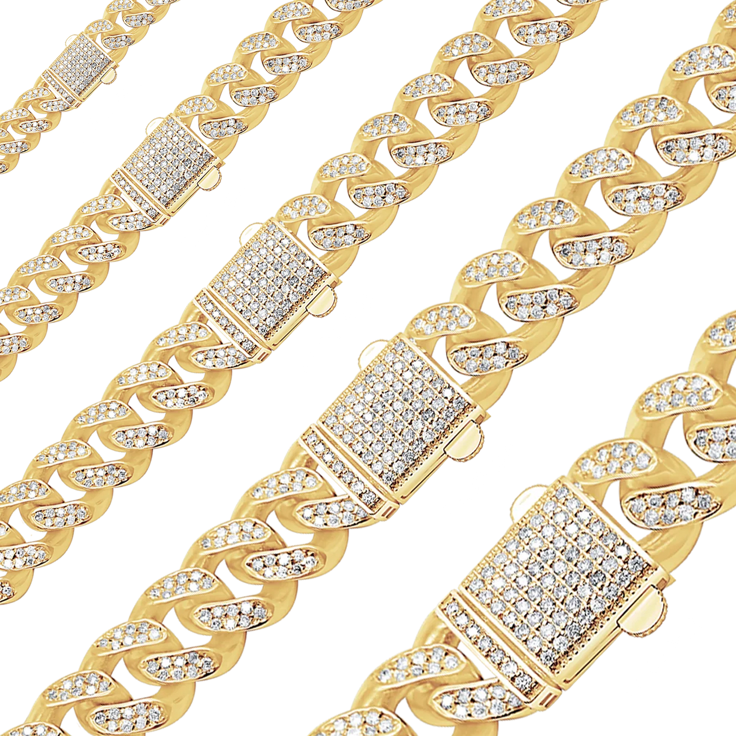 Handgefertigtes, halbmassives kubanisches Panzerarmband mit Diamanten in 14-karätigem Gelbgold
