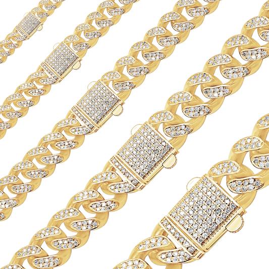 Handgefertigtes, halbmassives kubanisches Panzerarmband mit Diamanten in 14-karätigem Gelbgold