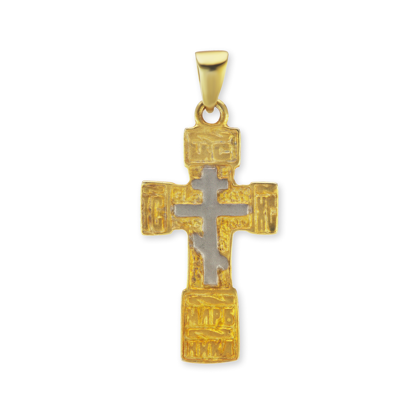 Zweifarbiger orthodoxer Kreuz- und Kruzifixanhänger aus Sterlingsilber