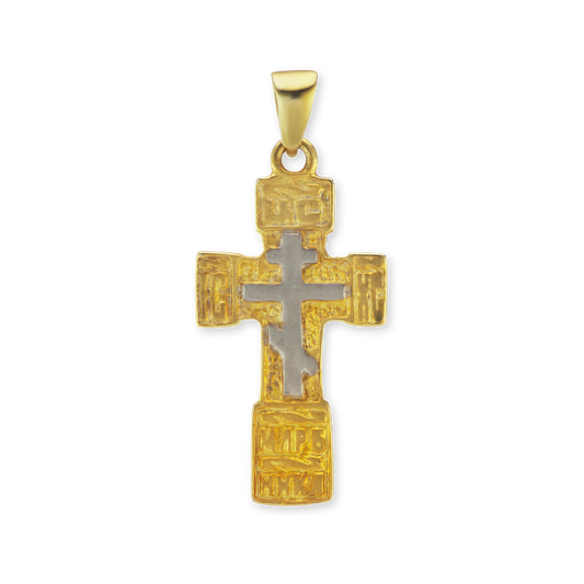 Zweifarbiger orthodoxer Kreuz- und Kruzifixanhänger aus Sterlingsilber