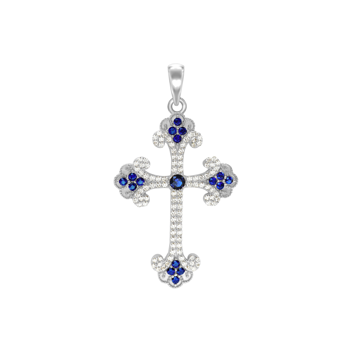 Anhänger in Form eines Knospenkreuzes mit dunkelblauem Zirkonia in Sterlingsilber