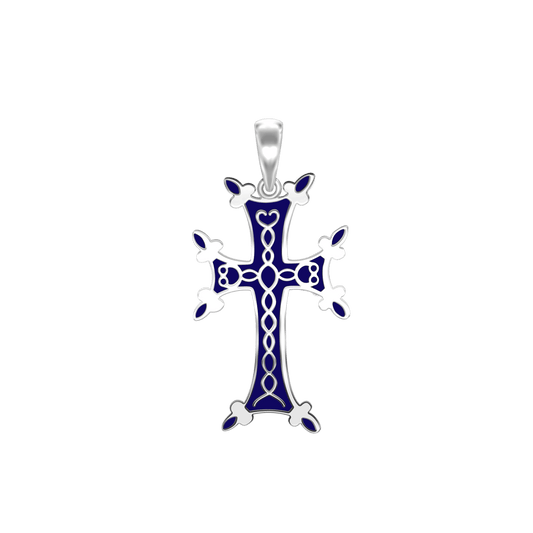 Armenisches Kreuz-Anhänger mit dunkelblauer Emaille aus Sterlingsilber
