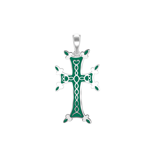 Armenisches Kreuz-Anhänger mit grüner Emaille aus Sterlingsilber