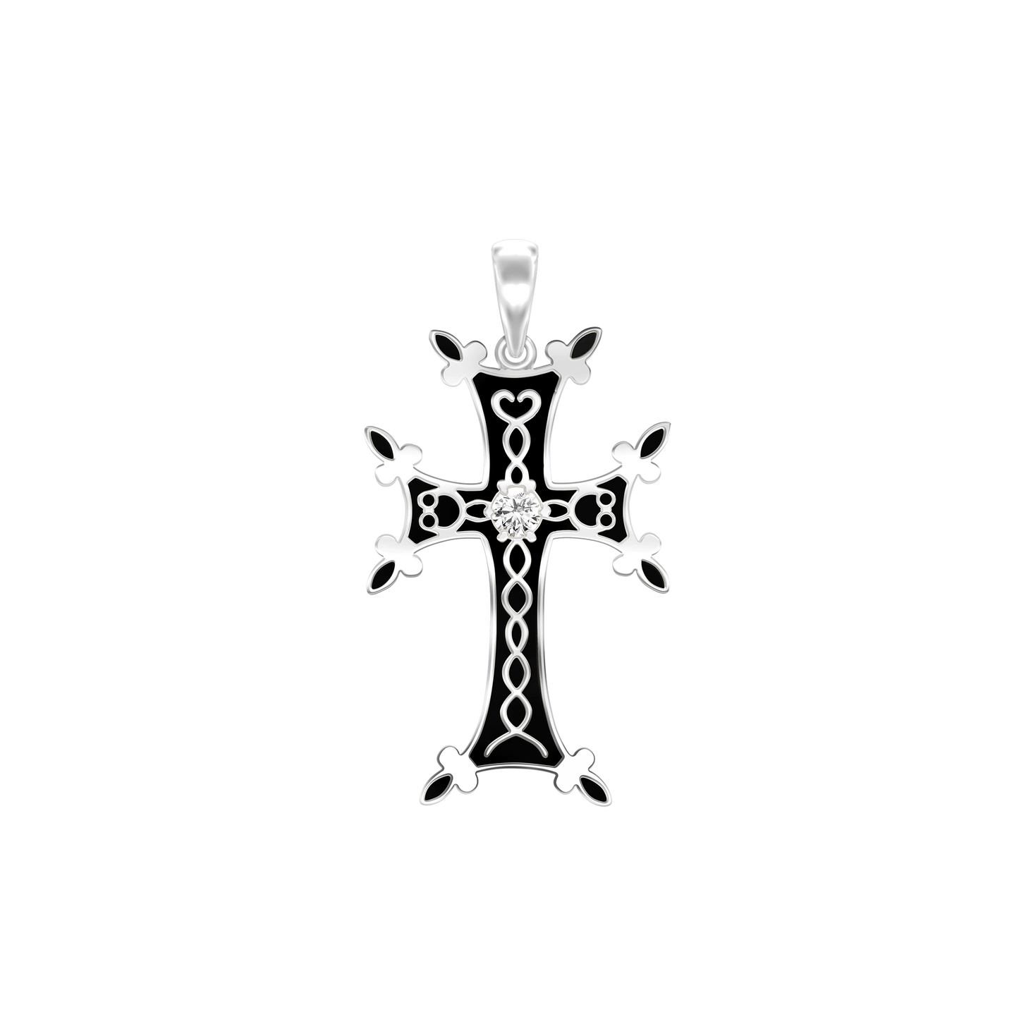 Armenisches Kreuz-Anhänger mit Zirkonia und schwarzer Emaille in Sterlingsilber