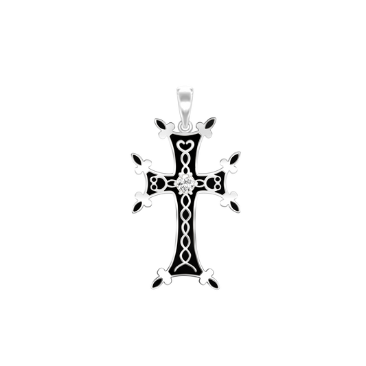 Armenisches Kreuz-Anhänger mit Zirkonia und schwarzer Emaille in Sterlingsilber