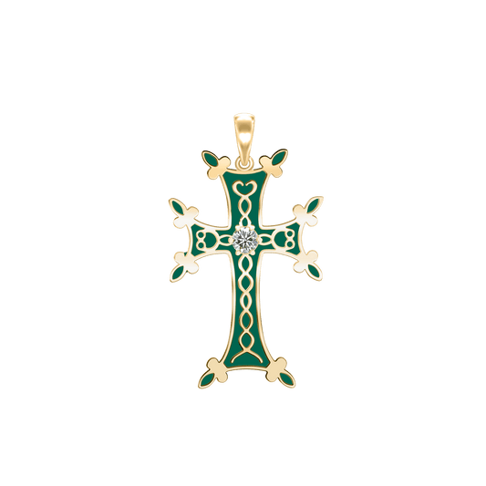 Armenisches Kreuz-Anhänger mit Zirkonia und grüner Emaille in 18 Karat Gelbgold