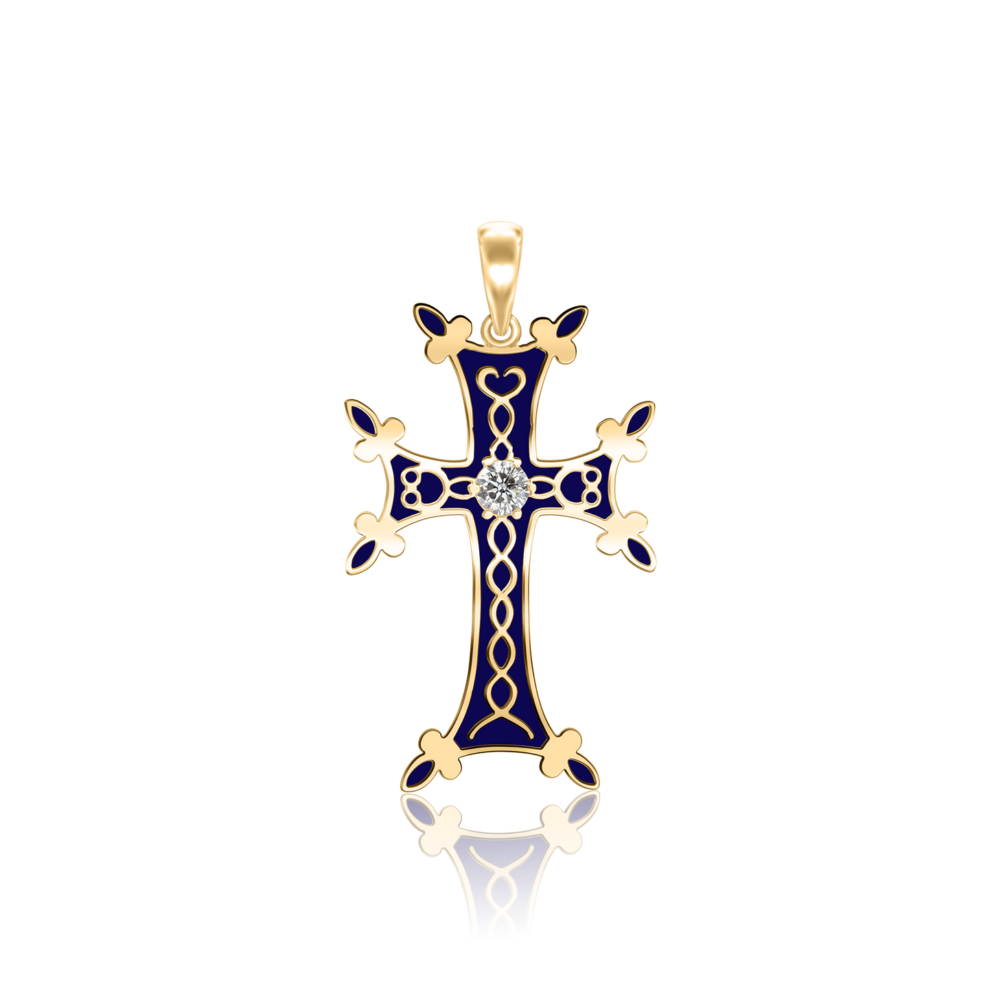 Armenisches Kreuz-Anhänger mit Zirkonia und dunkelblauer Emaille in 18 Karat Gelbgold