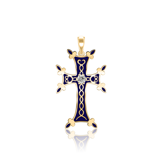 Armenisches Kreuz-Anhänger mit Zirkonia und dunkelblauer Emaille in 18 Karat Gelbgold