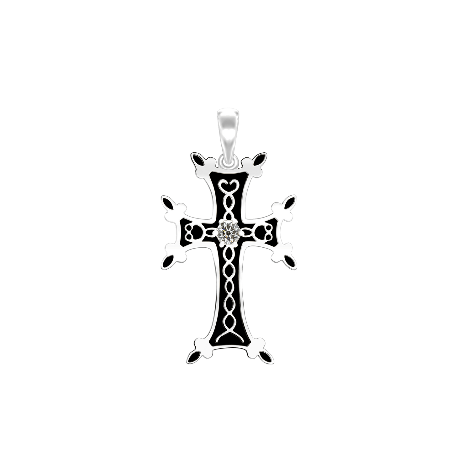 Armenisches Kreuz-Anhänger mit Zirkonia und schwarzer Emaille in Sterlingsilber