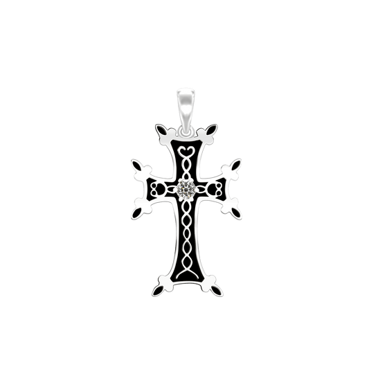 Armenisches Kreuz-Anhänger mit Zirkonia und schwarzer Emaille in Sterlingsilber