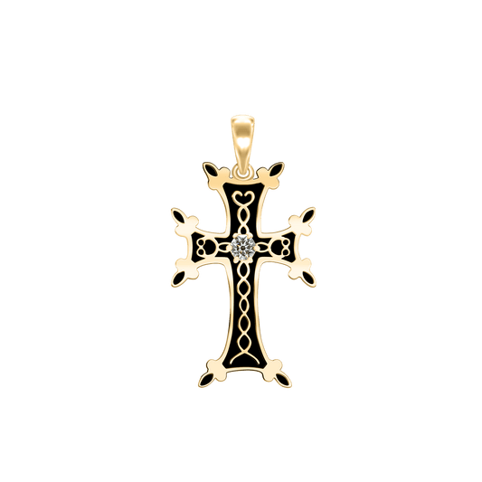 Armenisches Kreuz-Anhänger mit Zirkonia und schwarzer Emaille in Sterlingsilber