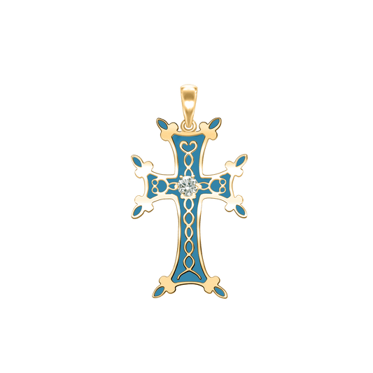 Armenisches Kreuz-Anhänger mit Zirkonia und hellblauer Emaille in 18 Karat Gelbgold