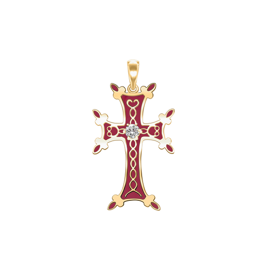 Armenisches Kreuz-Anhänger mit Zirkonia und roter Emaille in 18 Karat Gelbgold