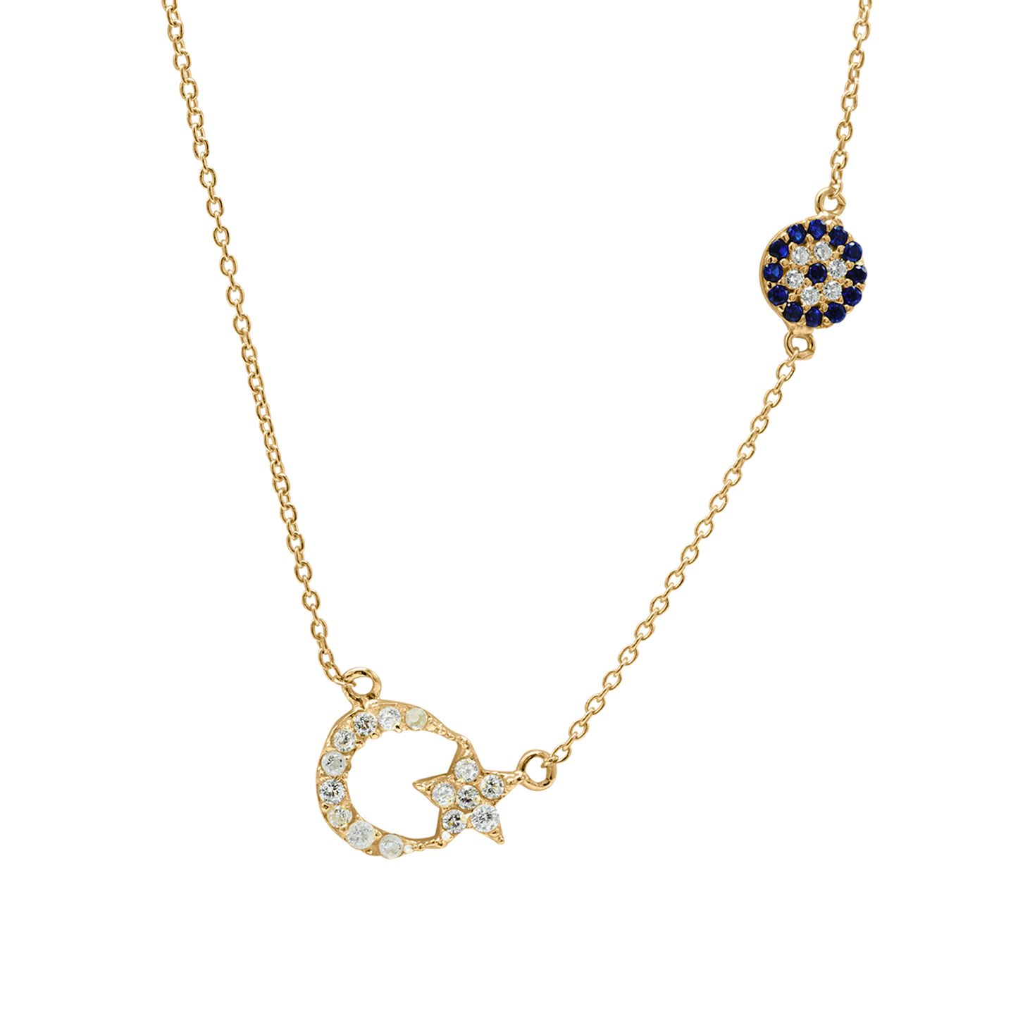 Halskette mit Mond, Stern und bösem Blick aus Sterlingsilber