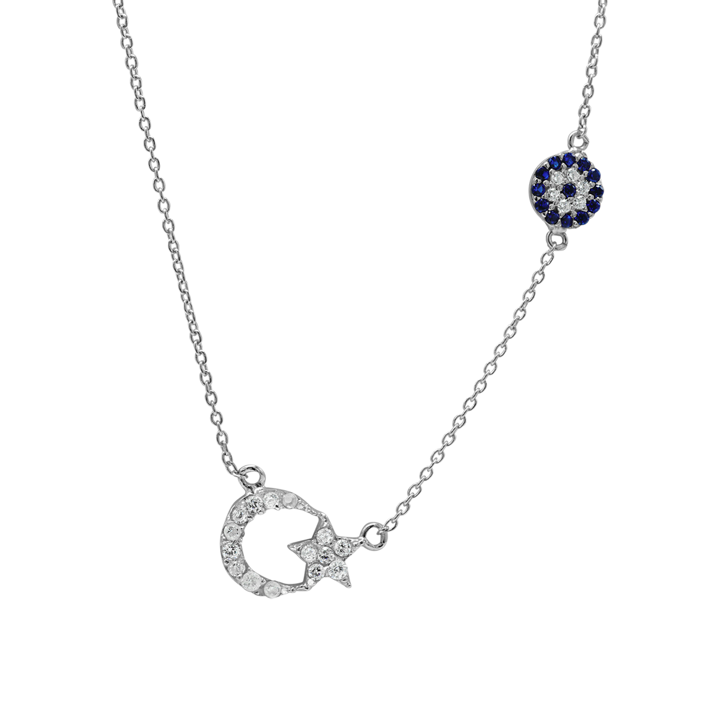 Halskette mit Mond, Stern und bösem Blick aus Sterlingsilber