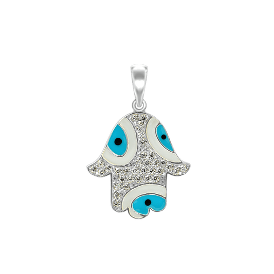Hamsa-Anhänger mit bösem Blick und blauer Emaille aus Sterlingsilber